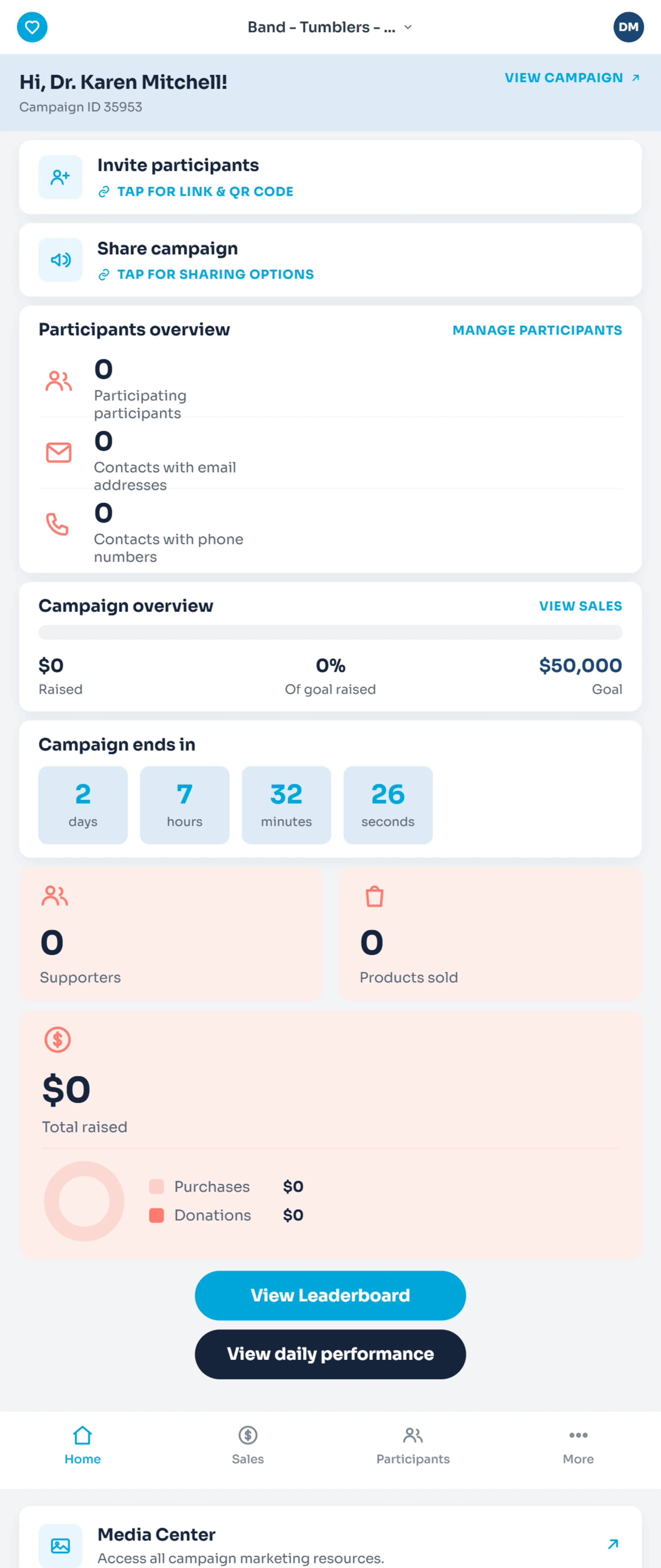 InstaRaise Campaign Home dashboard, mobile view, showing the same campaign in a phone-sized layout.