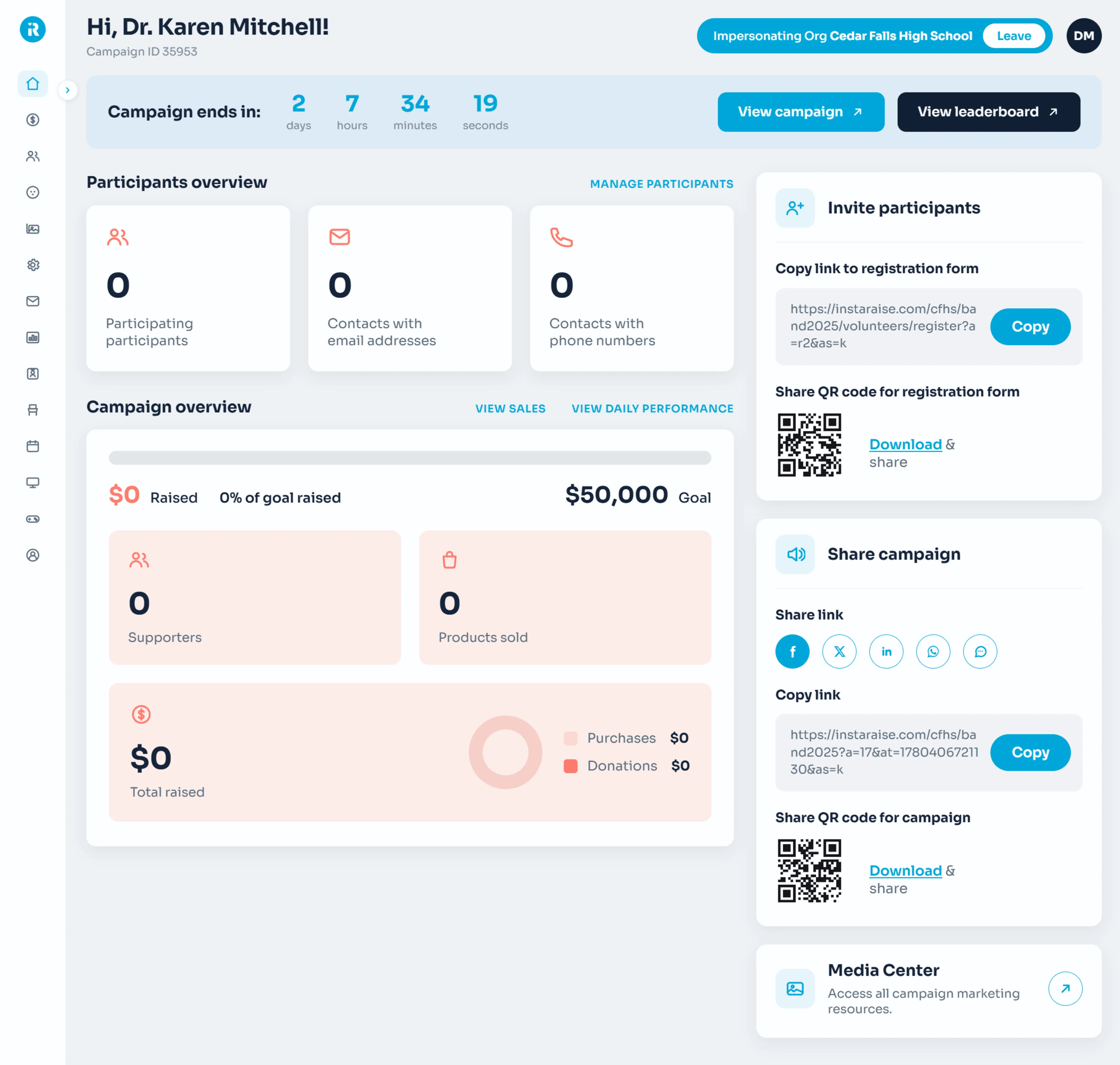 InstaRaise Campaign Home dashboard, desktop view. The dashboard shows a fundraising campaign with a countdown timer, participants overview, campaign progress toward a $50,000 goal, and supporter and product sale statistics.